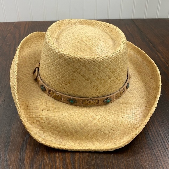 Fiesta Women’s Straw with Leather Band with Turquoise Beaded Cowboy Hat Sz XL - Picture 5 of 8